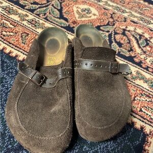 Suede Slip-On Birkenstock Clogs in Dark Brown - Size 40